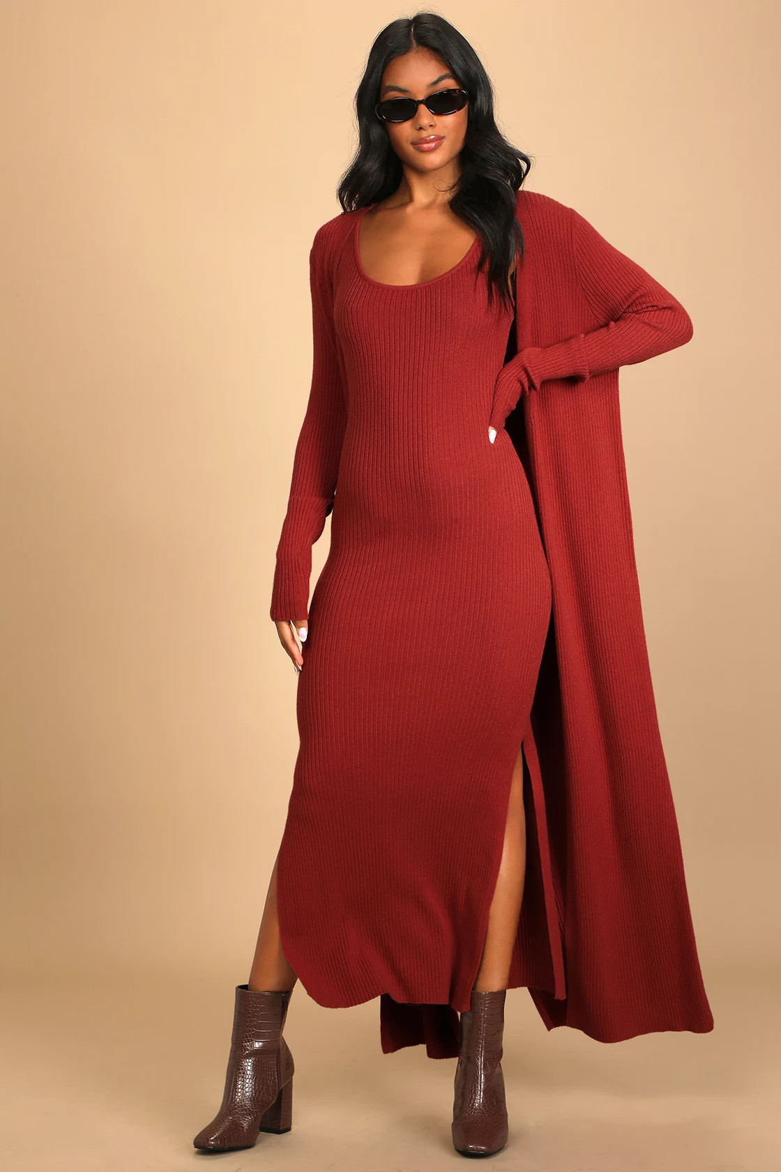 Layer Lover Rust Red Ribbed Knit Two-Piece Dress & Cardigan Set | Lulus