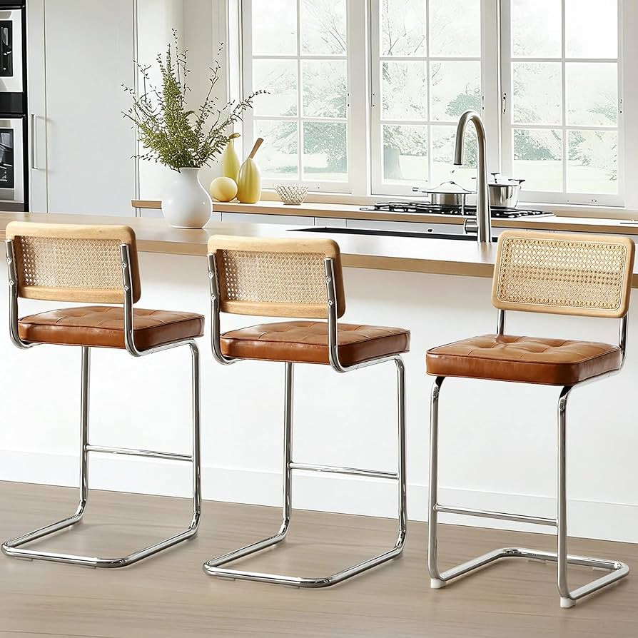 Zesthouse Natural Rattan Counter Stools Set of 3, 26" Mid Century Modern Bar Stools with Solid Wo... | Amazon (US)