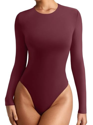 REORIA Women's Long Sleeve Bodysuits Crew Neck Slim Double Lined Basic Layering Body Suits Fall Going Out Tops Winter Outfits 2025(Burgundy X-Small) | Amazon (US)