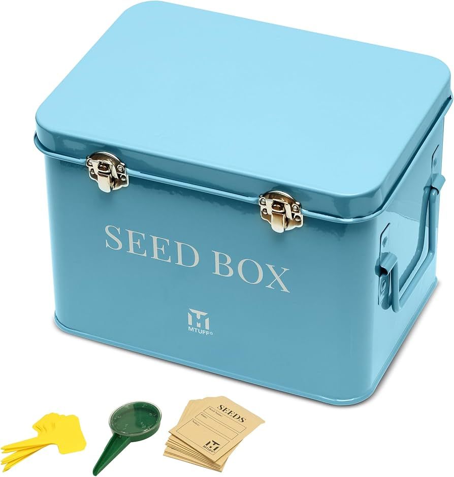 Seed Storage Box Organizer in Light Blue. Metal Seed Packet Container with Attached Lid Secured w... | Amazon (US)