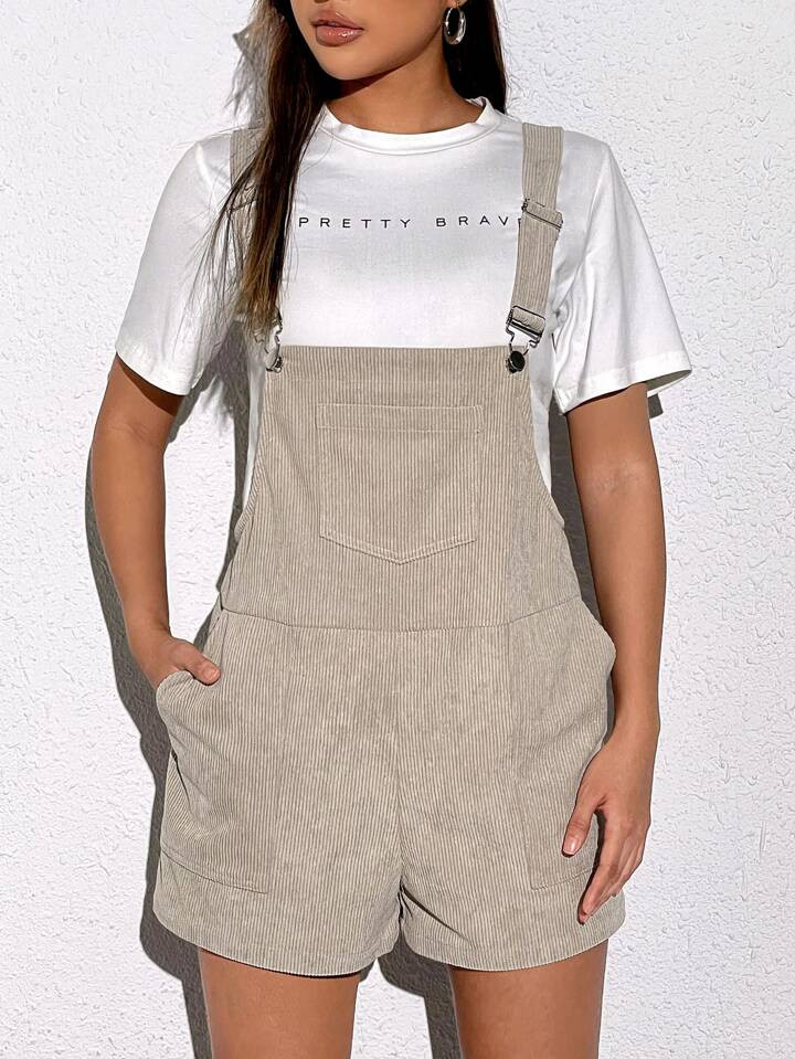 SHEIN EZwear Women'S White Patched Pocket Corduroy Overall Romper | SHEIN