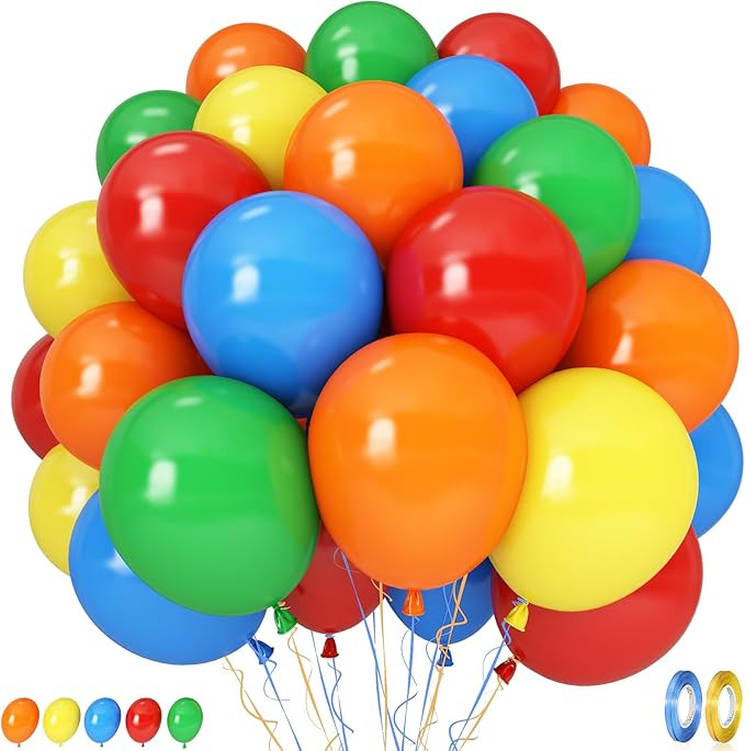 Red Yellow Blue Green Balloons, 60PCS Red Orange Blue Balloons, Rainbow Cartoon Theme Primary Col... | Amazon (US)