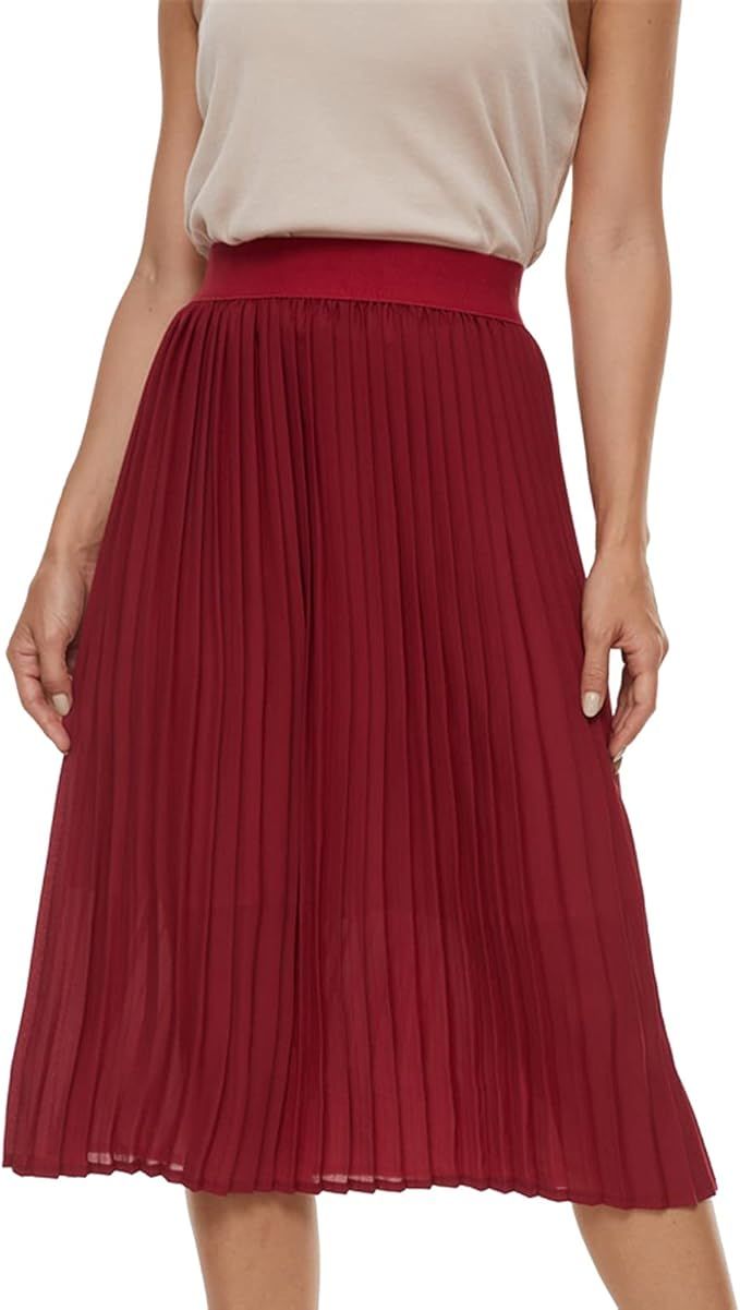 TEERFU Womens Pleated Midi Skirt,High Waist Swing Boho Pleated Skirt Casual Chiffon Elastic A-lin... | Amazon (US)