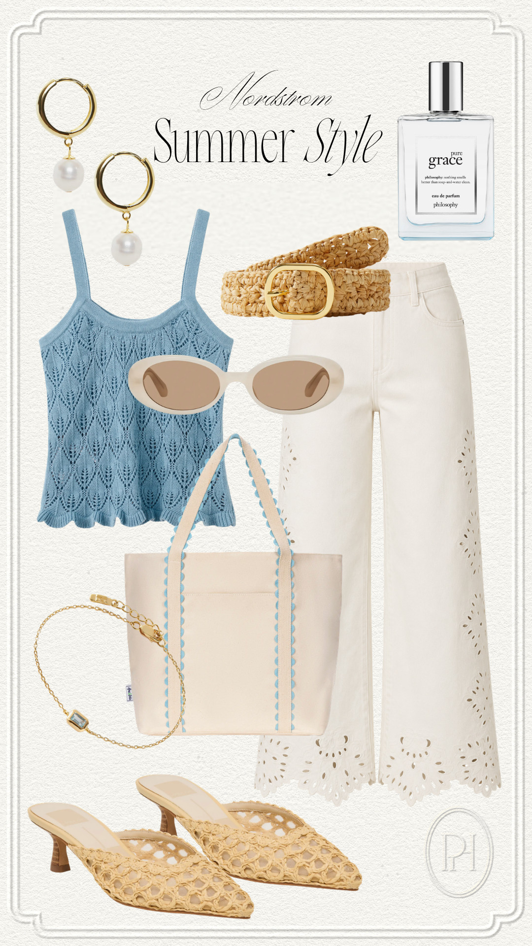 Summer style favorites from Nordstrom!

summer fashion, summer style, summer looks, summer outfit, knit tank top, blue tank top, white cropped pants, flower pants, scalloped hem pants, white pants, summer pants, raffia shoes, kitten heels, summer shoes, summer footwear, summer tote bag, white handbag, oval sunglasses, white sunglasses, raffia belt, summer accessories, pearl earrings, bracelet, women's fragrance, body spray, perfume 

 #LTKgrwm #LTKootd #LTKSeasonal