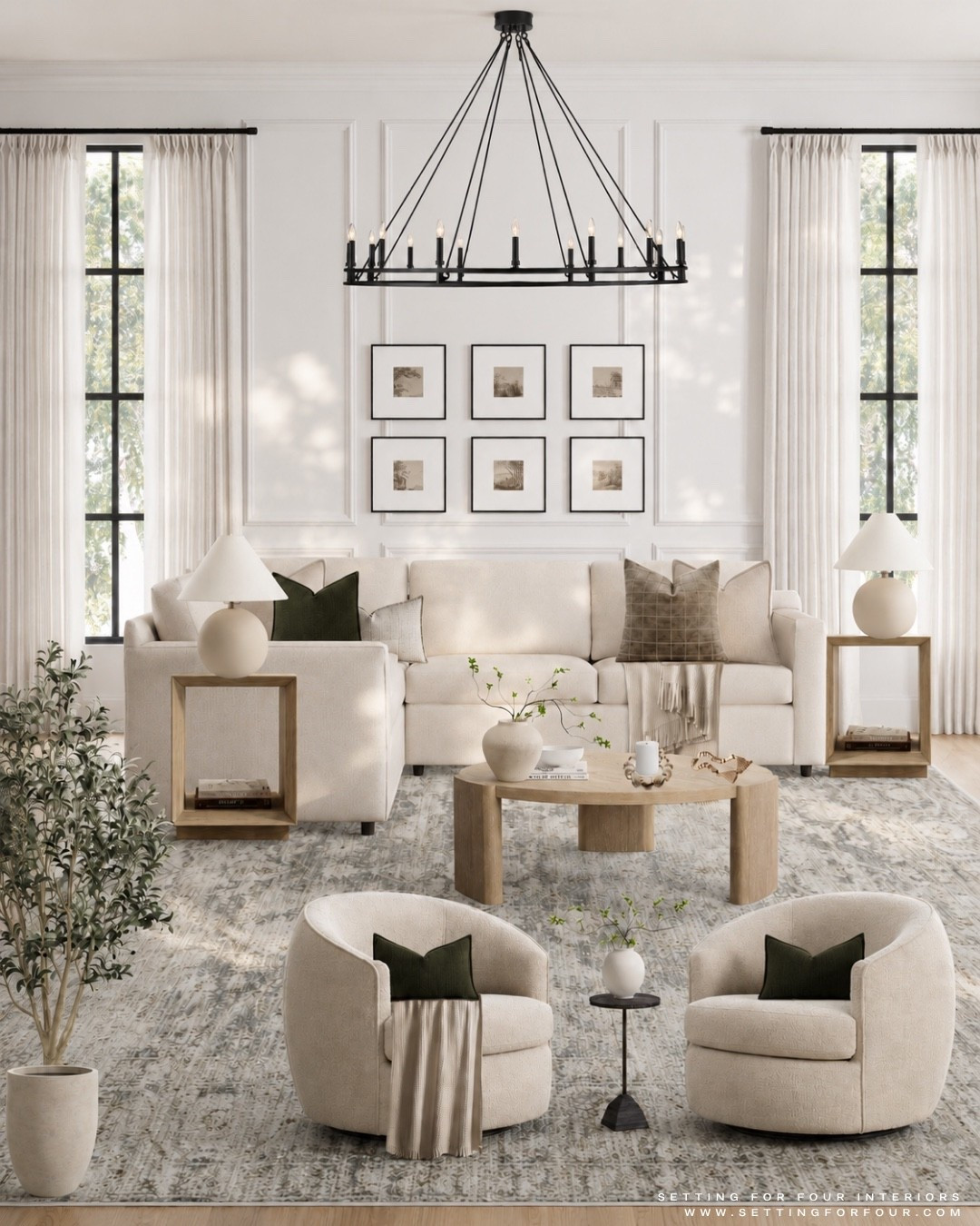 Neutral and cozy living room. Great room, living room chandelier, pillows, vase, coffee table decor, sectional sofa, swivel chairs, round coffee table, wood, marble, Loloi area rug, pillow, throw blanket, olive tree, planter, gallery wall, wall art, picture frames, end table, table lamp, Pottery Barn style, Crate & Barrel style, Amazon home, Arhaus, green, beige and brown, aesthetic#LTKsale #LTKstyletip

#LTKHome