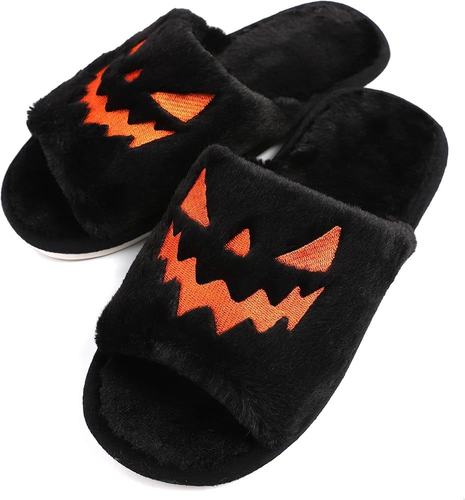 TITTOK Spooky Slides Halloween Slippers Jack O Lantern Pumpkin Soft Plush Cozy Open Toe Indoor Ou... | Amazon (US)