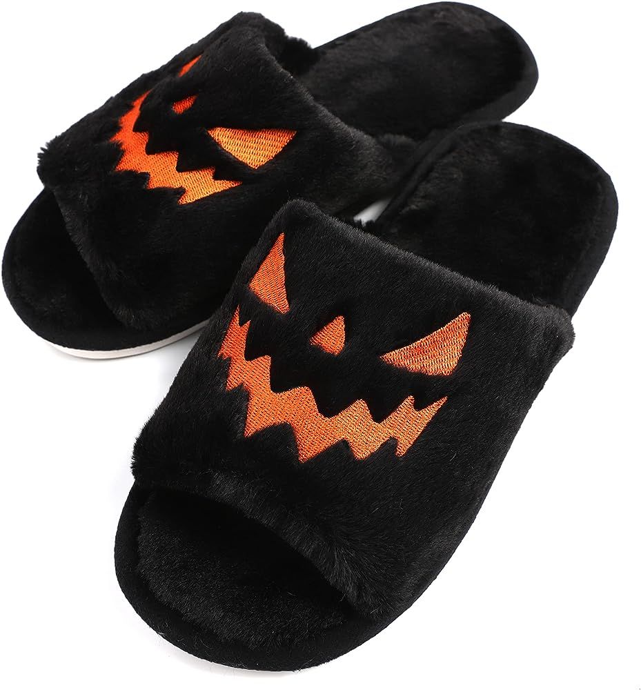TITTOK Spooky Slides Halloween Slippers Jack O Lantern Pumpkin Soft Plush Cozy Open Toe Indoor Ou... | Amazon (US)