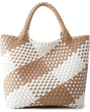 Woven Bag for Women, Vegan Leather Tote Bag Large Summer Beach Travel Handbag and Purse Retro Han... | Amazon (US)
