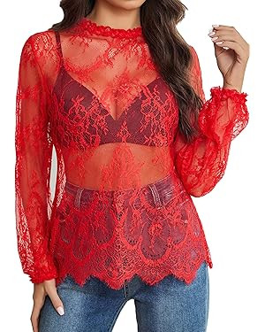 Avidlove Floral Lace Tops Women Mesh Top Long Sleeve Mock Neck Sheer See Through Button Down Shir... | Amazon (US)