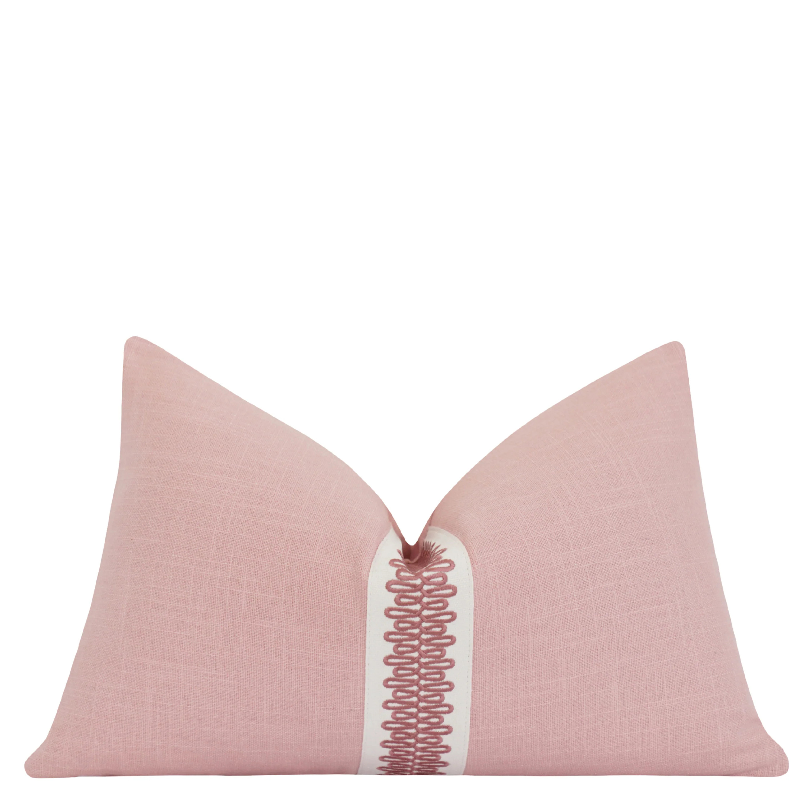 Blush Pink Linen Pillow Cover with Embroidered Loop Trim Decorative Throw Pillow for Sofa or Bed | Land of Pillows