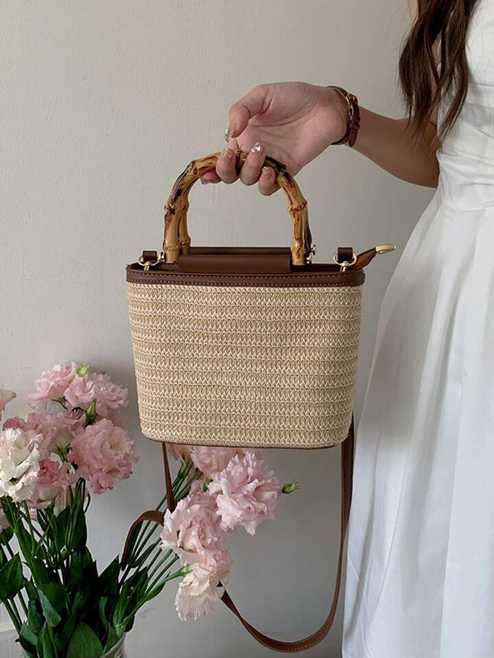 New Rattan Style Woven Handbag With Adjustable Shoulder Strap For Traveling | SHEIN