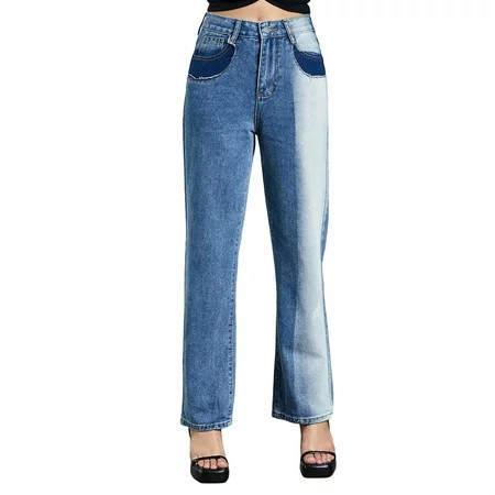 Xiaoluokaixin Ladies Denim Pants Contrast Color High Waist Jeans with Pockets | Walmart (US)