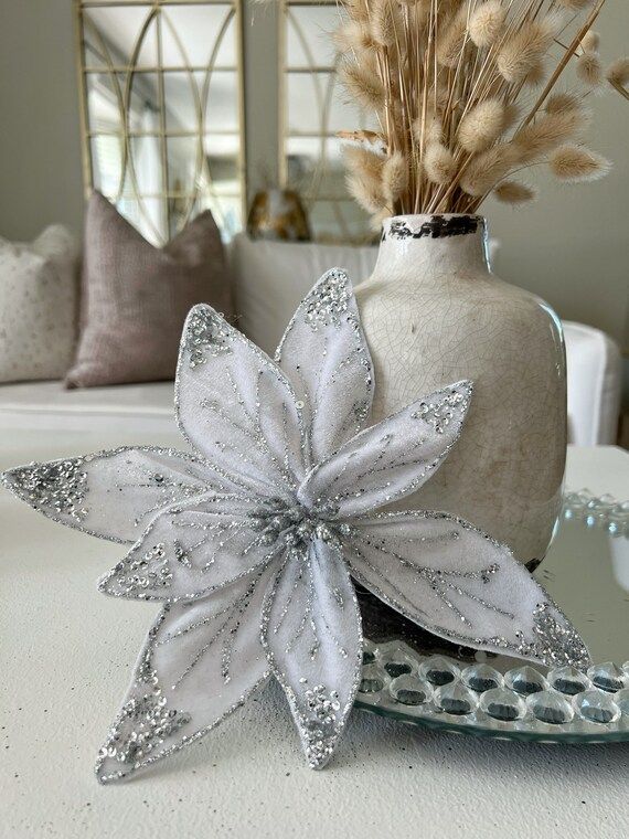 White & Silver Glitter Poinsettia Flower Ornament L Christmas - Etsy | Etsy (US)