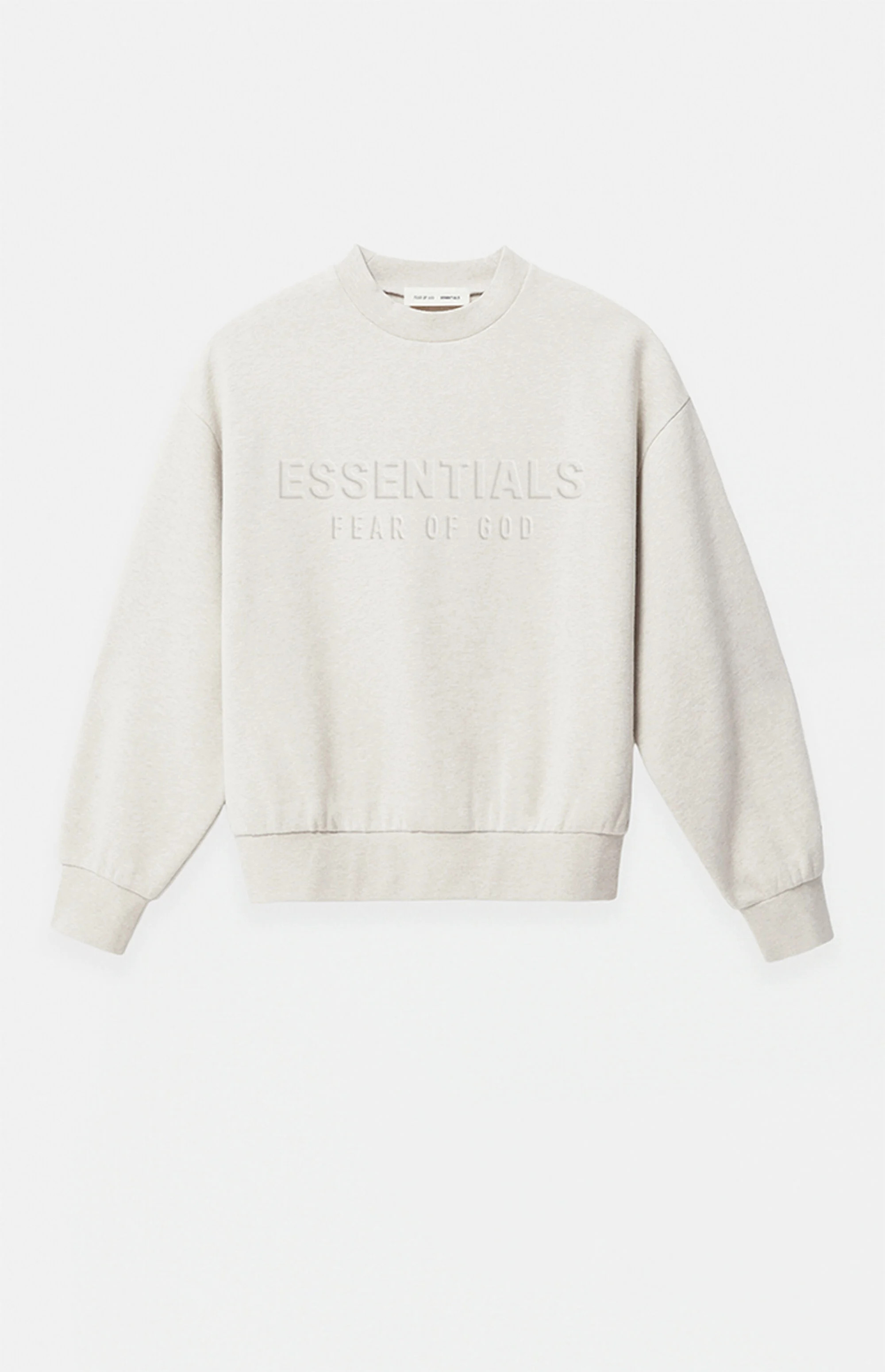 Fear of God ESSENTIALS Heather Oatmeal Embossed Classic Crew Neck Sweatshirt | PacSun