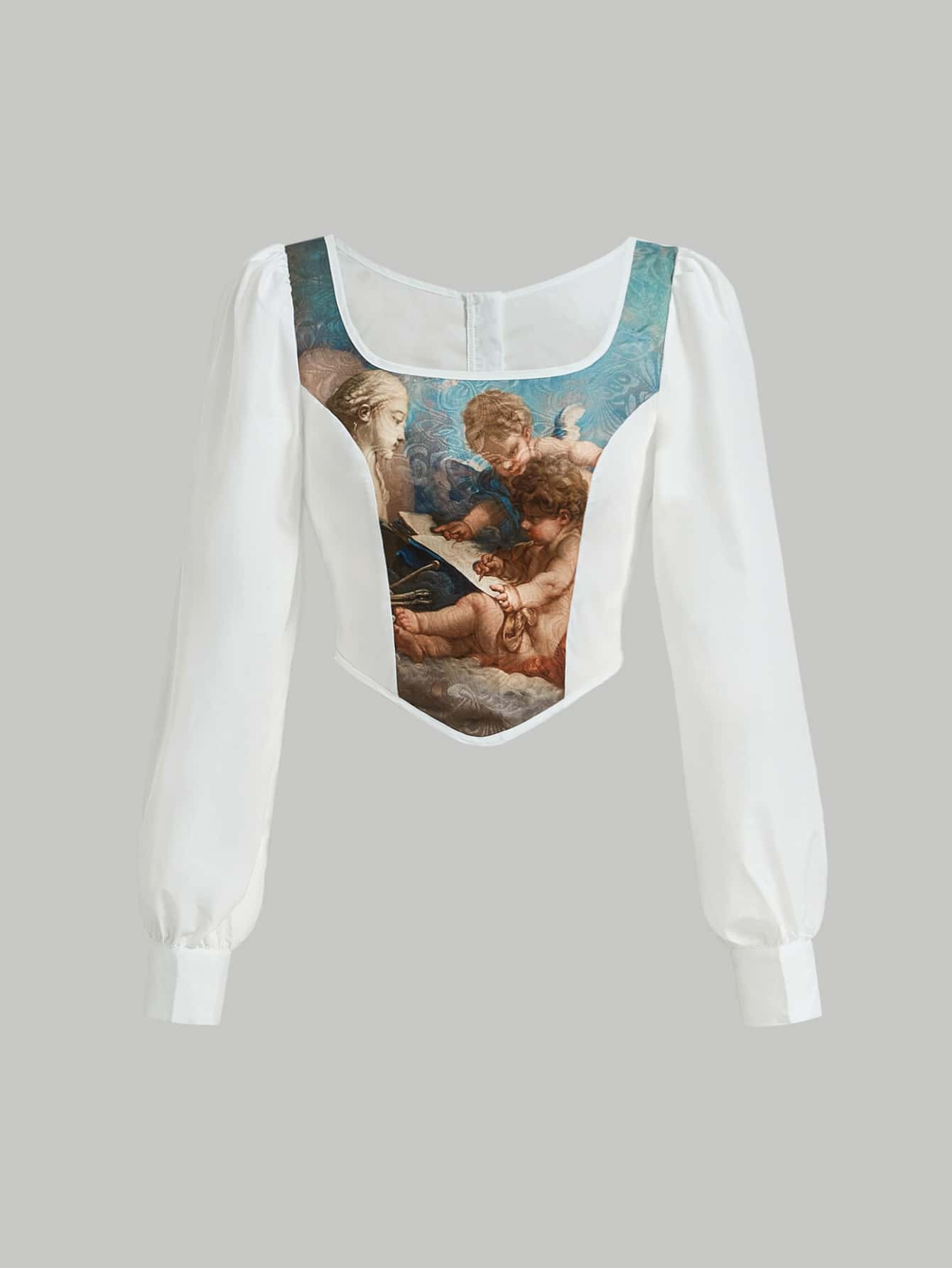 SHEIN MOD Figure Graphic Square Neck Asymmetrical Hem Blouse | SHEIN