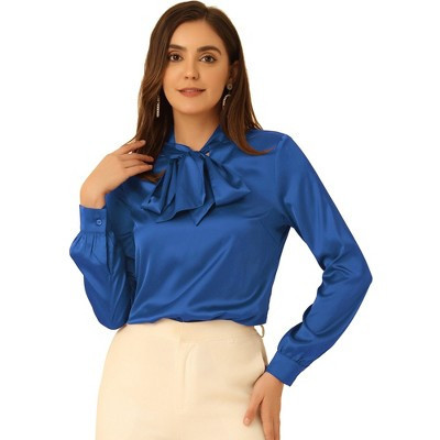 INSPIRE CHIC Women's Satin Bow Tie Neck Solid Work Office Blouse Royal Blue X-Small | Target