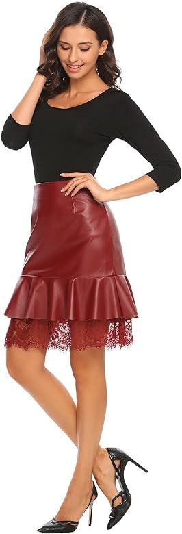 Women's Winter High Waisted Faux Leather Mini Skirts Flare Ruffle Skirt | Amazon (US)