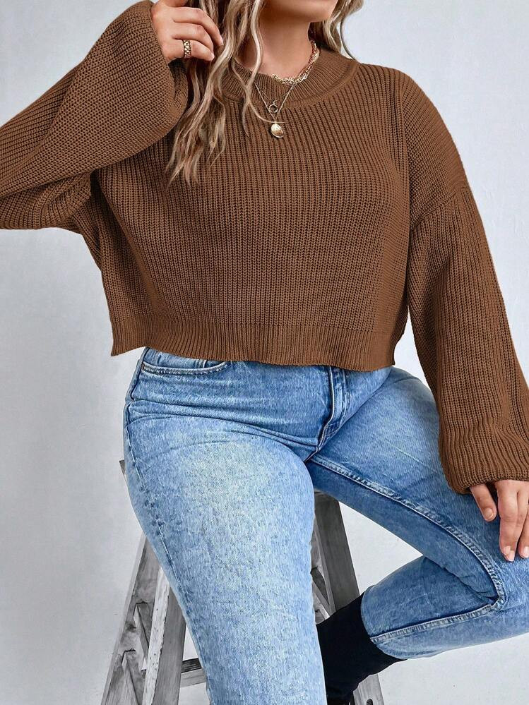 SHEIN LUNE Plus Size Solid Color Dropped Shoulder Cropped Sweater, For Autumn And Winter Knit Pul... | SHEIN
