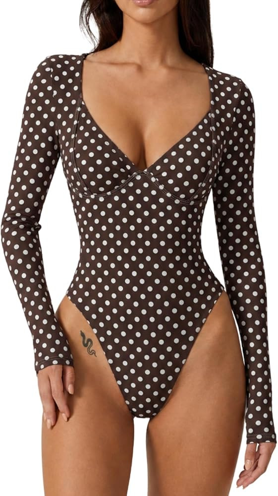 QINSEN Women's Long Sleeve Bodysuit V Neck Body Suits Seamed Cup Going Out Tops Shirt | Amazon (US)