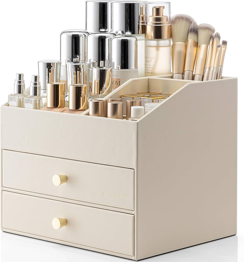 Vlando Makeup Organizer for Vanity,Large Capacity Countertop Organizer with Drawers, PU Leather C... | Amazon (US)