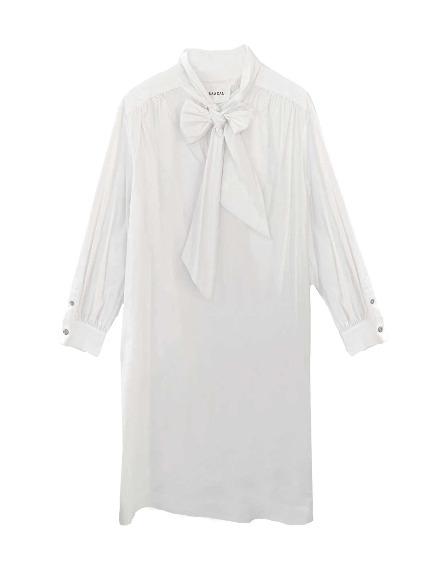 The Marion Cotton Poplin Tie Neck Dress- White | BAACAL Limited, LLC