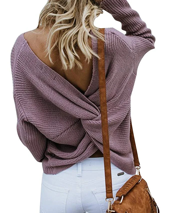 Women Casual Back Criss Cross V Neck Long Sleeve Loose Knitted Sweater Pullovers - Walmart.com | Walmart (US)