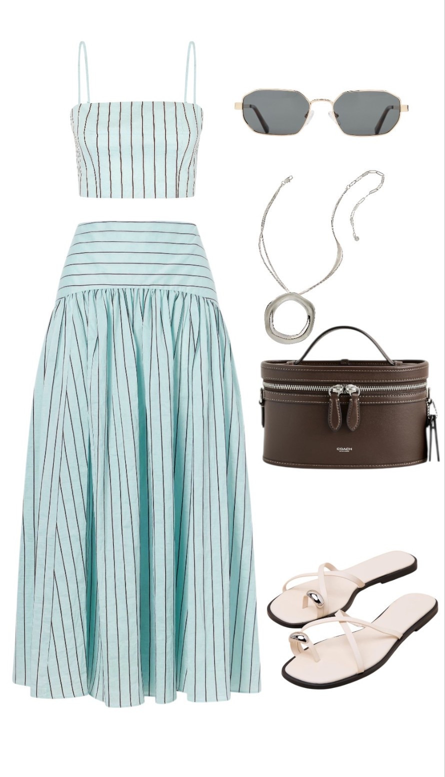 spring ootd ! love a matching set 😚😚😚

@Anthropologie Ettika Open Circle Pendant Necklace
 COACH brown leather purse

STAUD pleated striped cotton-blend skirt, cropped stripe tank 

lulus  Nya Bone Flat Slide Sandals







2 piece set, spring break, cabo, italy, summer, resort wear, easter, spring dresses, blue and brown, silver accessories, golf tournament, memorial day, travel outfit, white sandals, welcome party, brown purse, sunglasses, cover up, beach vacation, hawaii, mexico, vacation outfits beach, spring outfits 2026, spring dresses, 
easter dress women,  easter outfits women, date night outfits

#LTKSeasonal #LTKootd #LTKTravel