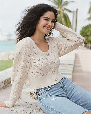 Square Neck Pearl Faux Button Front Cardigan | Express