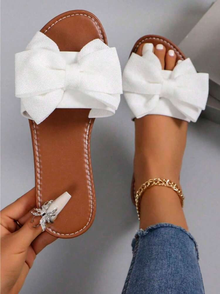 White Bow Open Toe Slides - Cute Summer Sandals For Women Women's Brown & White Bow Sandals - Comfort Flat Open Toe Shoes Cute Bow Decor Slides - Stylish Open Toe Sandals For Daily Wear Summer Bow Open Toe Sandals Flat Slides For Vacation Affordable White Bow Slides - Cute Open Toe Sandals For Women | SHEIN