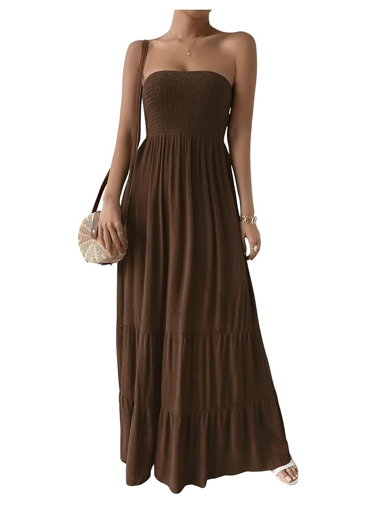 SOLY HUX Women's Strapless Tube Maxi Dress Shirred Sleeveless A Line Ruffle Hem Flowy Long Dresse... | Amazon (US)
