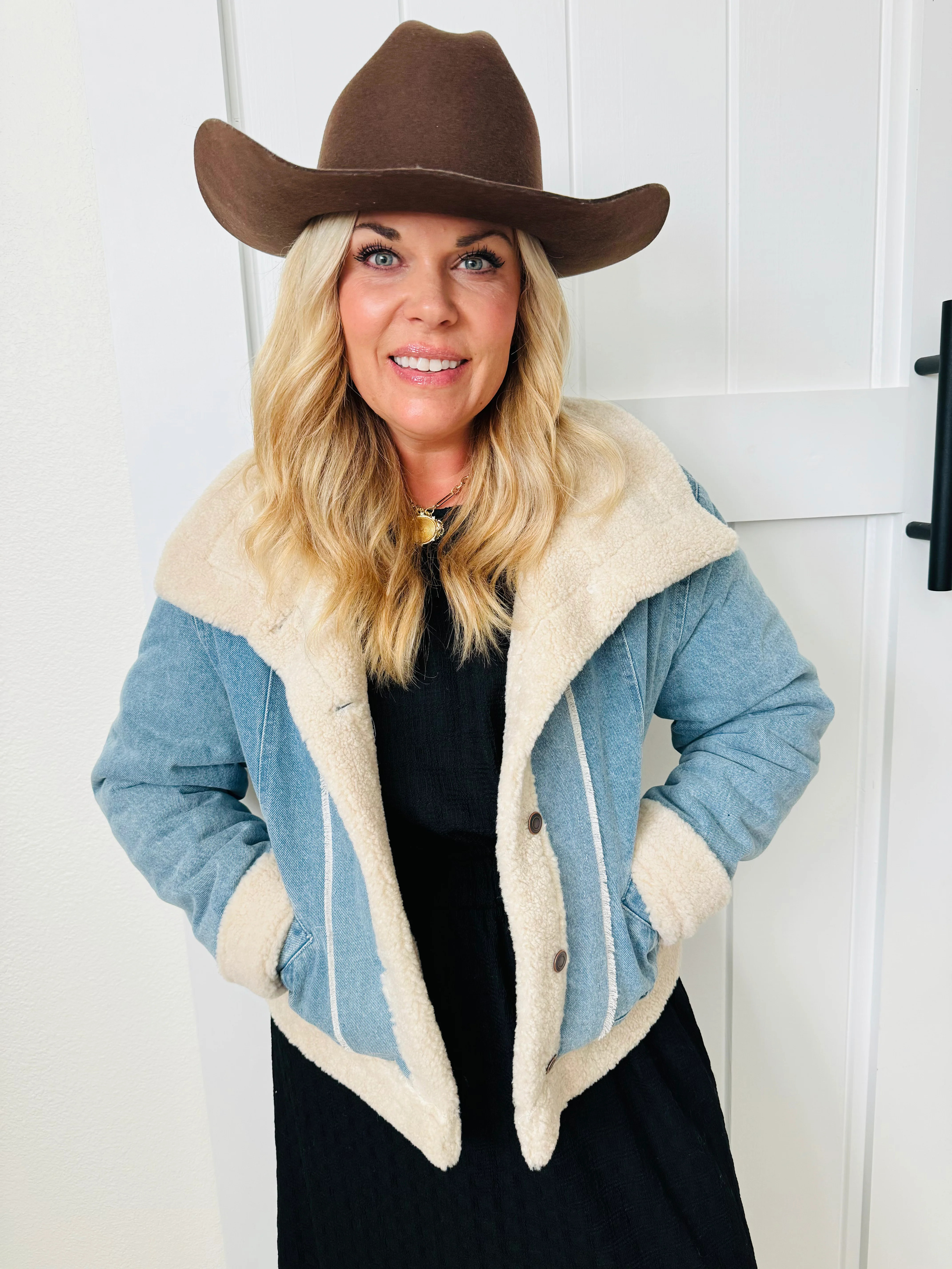 DENIM SHEARLING TRUCKER JACKET | Clark & Co Boutique