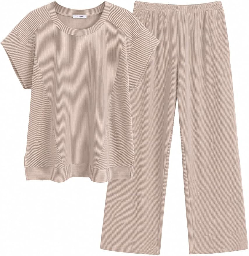 Ekouaer Two Piece Sets for Women 2026 Travel Outfits Short Sleeve Top Wide Leg Pants Rib Tracksui... | Amazon (US)