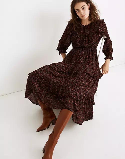 (Re)sourced Georgette Tiered Ruffle Midi Dress in Orchard Floral | Madewell