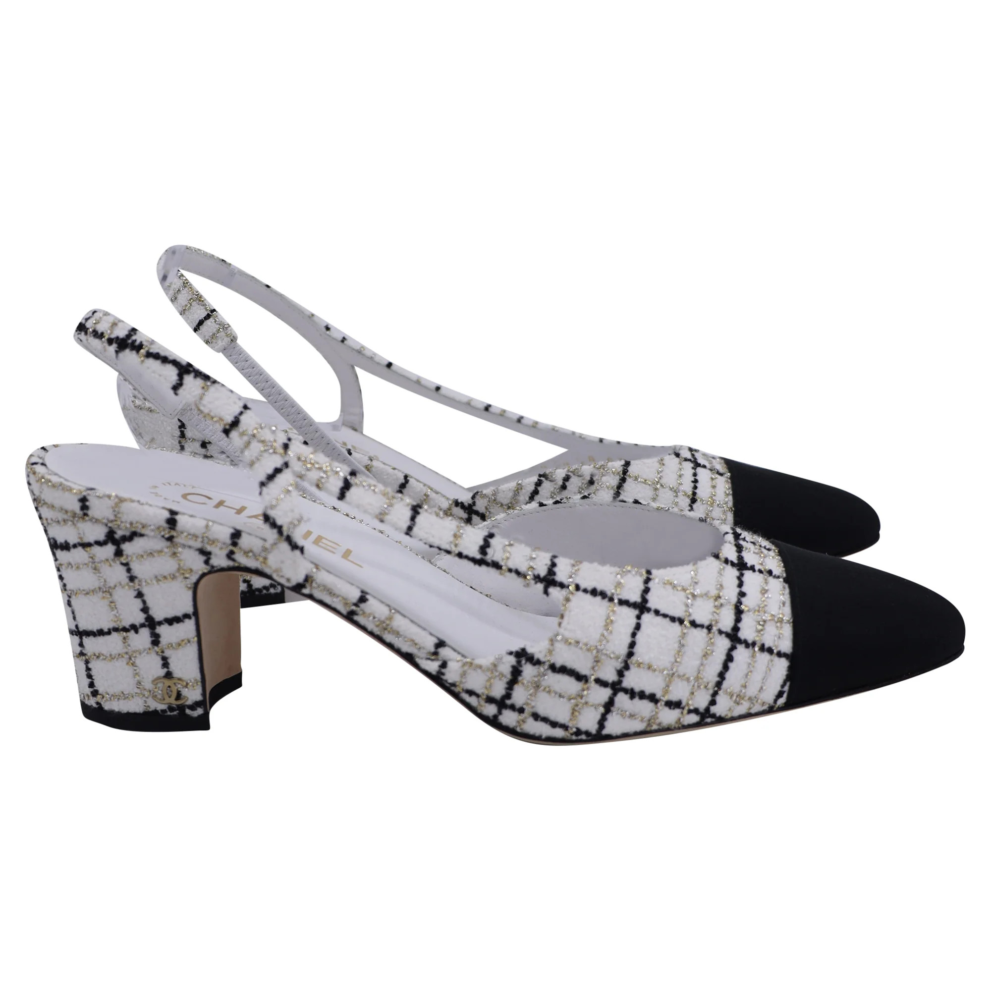 Chanel FW24 Slingback Pumps in White Metallic Tweed | Shop Simon
