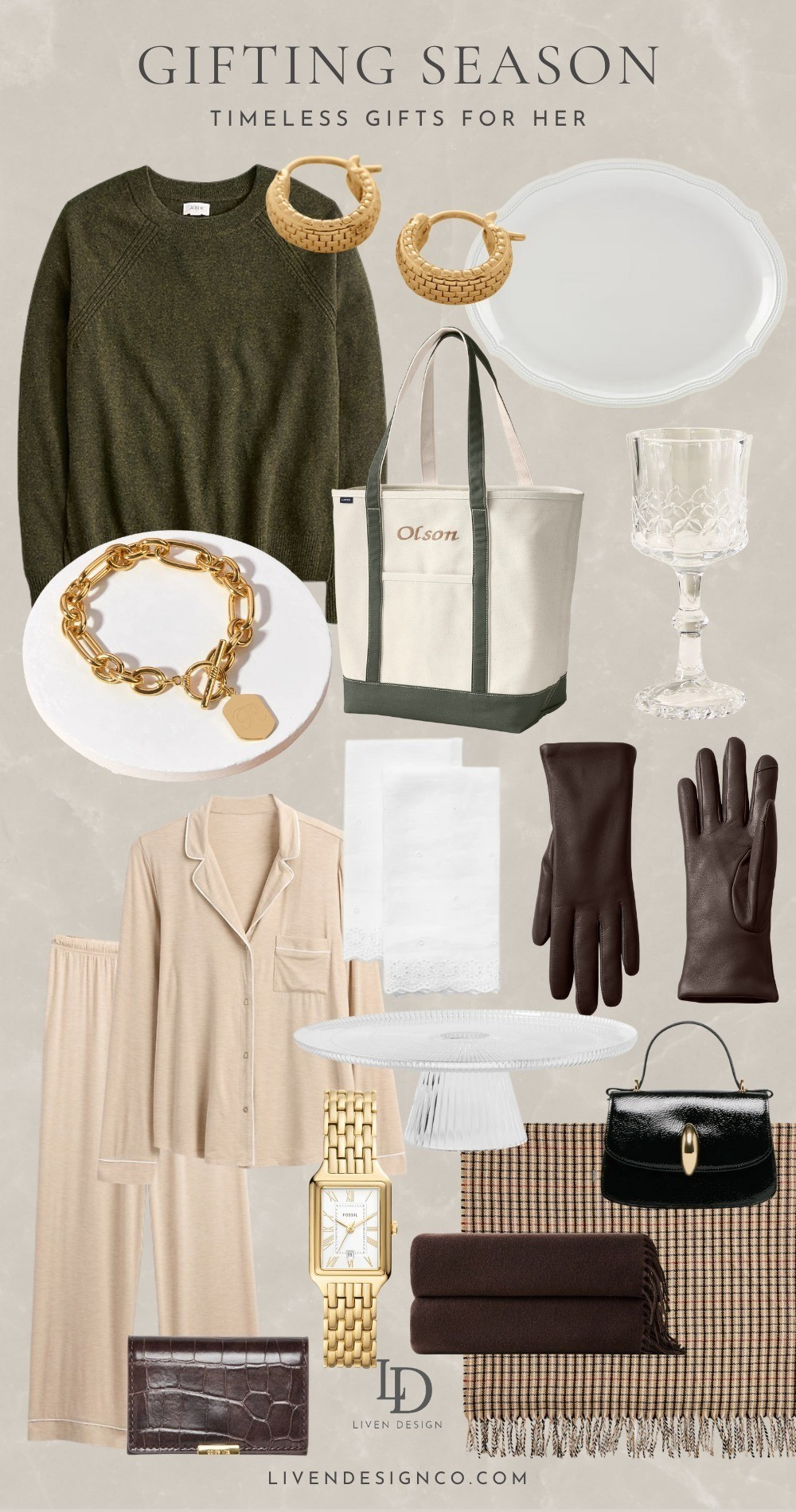 Timeless gifts for her. Heirloom jewelry. Cashmere sweater. Wool sweater. Charm bracelet. Tote bag. Wine glasses. Platter. Gloves. Id card case wallet. Embossed leather. Pajamas. Embroidered napkins. 

 #giftideas #Christmasgifts #giftideasforher #holidayshopping #giftsforwomen #luxurystyle #luxefinds #holidayshopping #LTKGiftGuide #LTKHoliday #LTKFindsUnder100