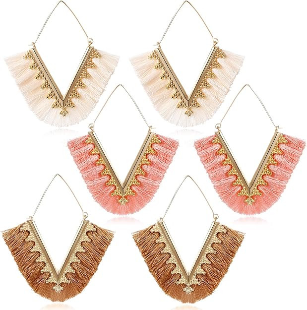 SYNLIN 3 Pairs Bohemian Tassel Earrings Set for Women and Girls - Statement Hoop Earrings with Un... | Amazon (US)