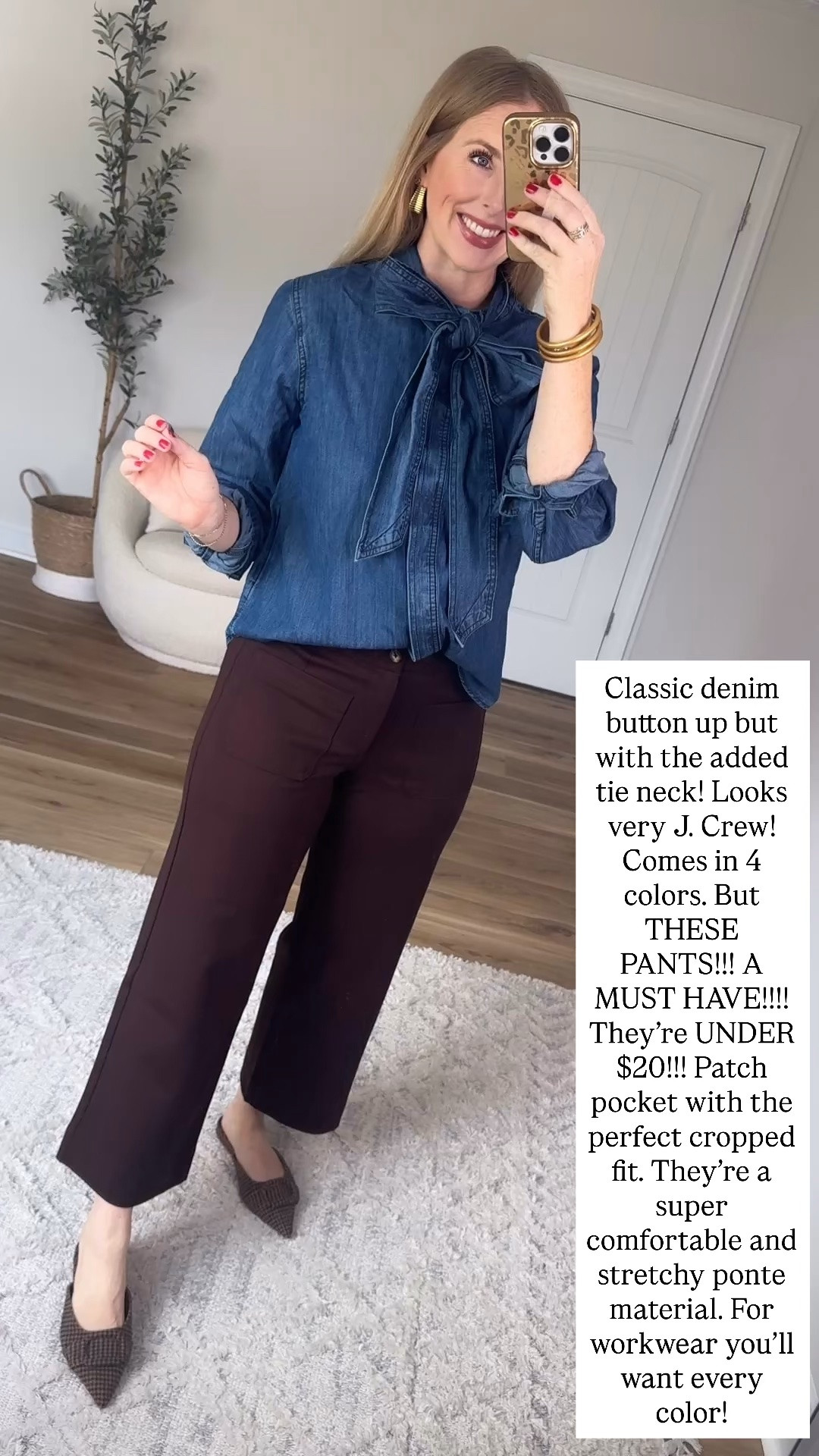 Denim button up with tie neck and the best patch pocket ponte workwear pants from Walmart

#LTKootd