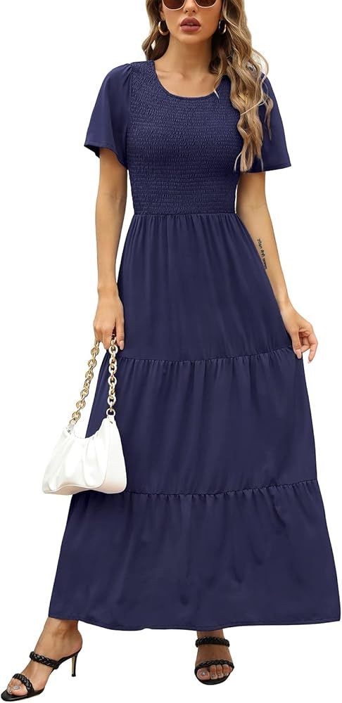 Zattcas Womens Summer Casual Short Sleeve Bohemian Smocked Floral Tiered Maxi Dress | Amazon (US)