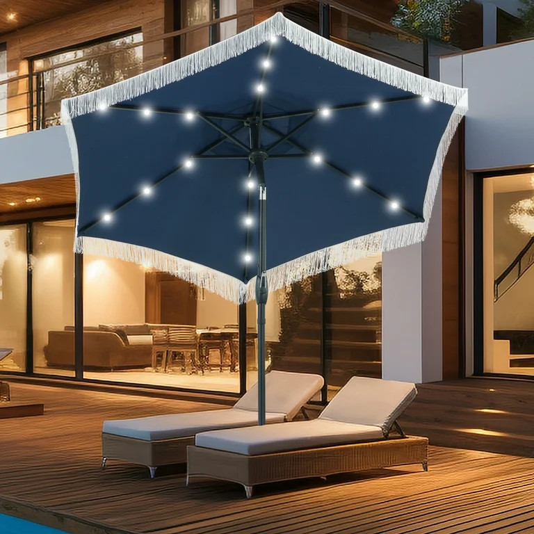 Autlaycil 7.5 ft Patio Umbrella with Tassel, 18 LED Lights Solar Umbrella, Navy Blue | Walmart (US)
