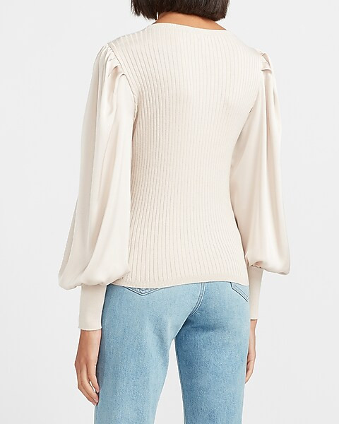 Satin Balloon Sleeve Ribbed Sweater | Express
