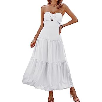 ECOWISH Women's Summer Strapless Dress 2023 Maxi Off Shoulder Hollow Out Smocked A Line Tube Tier... | Amazon (US)