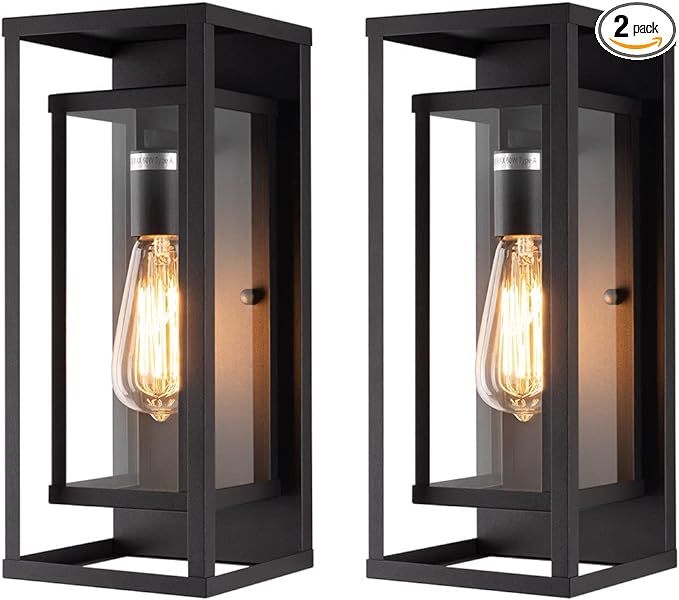 mirrea 14" Classic Outdoor Wall Sconce 1 Light in Matte Black Rectangular Metal Frame and Clear G... | Amazon (US)