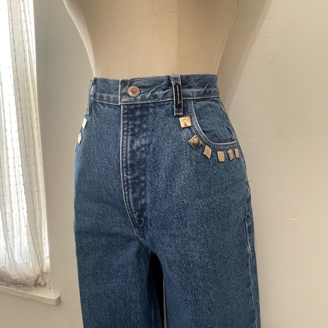 Vintage Dark Blue Bareback Large Silver Studded High Waist Rockies Western Jeans Size 28 x 34.5 | Etsy (US)