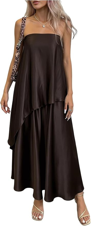 OYOANGLE Women's Satin Strapless Asymmetrical Maxi Dress Sleeveless Flowy Tube Wedding Guest Dres... | Amazon (US)