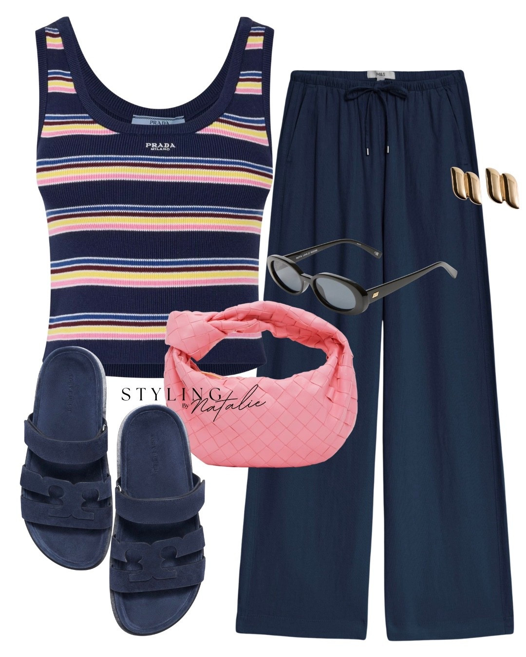 Drawstring wide leg trousers in navy with striped Prada tank top, pink bottega bag, navy suede Tory Burch sandals, le specs sunglasses and gold studs. Casual chic, spring summer outfit, everyday wear

#LTKstyletip #LTKuk #LTKsummer