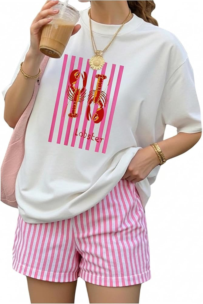 MAKEMECHIC Women's Striped 2 Piece Set Lobster Short Sleeve Tops Shorts Summer Vacation Outfit | Amazon (US)