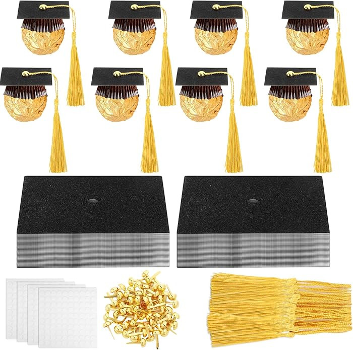 AUGSUN 60 Pieces Graduation Cap Cupcake Toppers, Black Gold Foil Grad Caps with Tassels, DIY Cake... | Amazon (US)