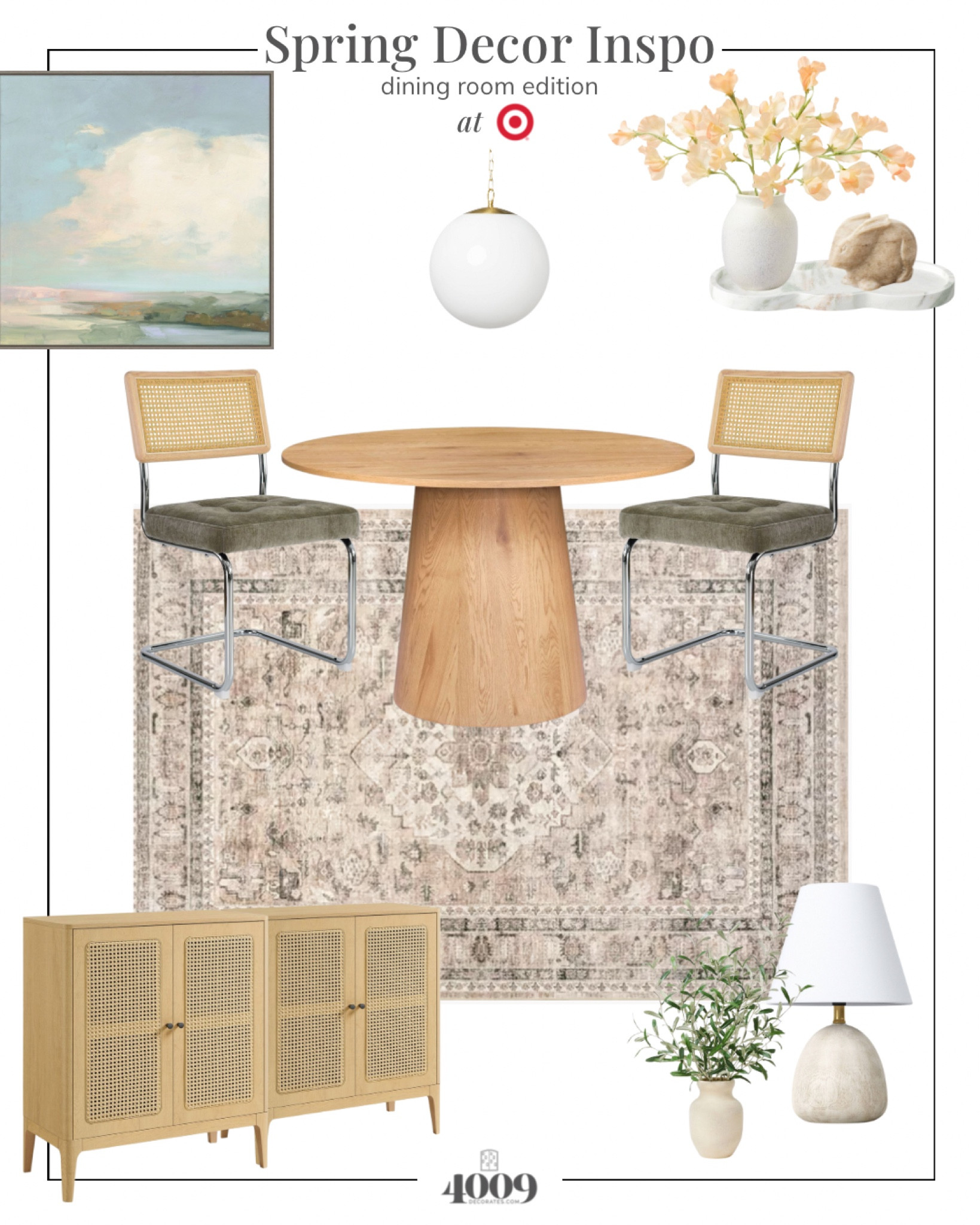 Target Spring decor inspo | Dining room decor | Dining room inspo  | Spring dining room

Pendant light | cane chairs | sideboard | faux greenery | faux flowers | cloud art | marble bunny | stone bunny | tray

#LTKSpringSale #LTKSeasonal #LTKhome