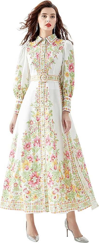 LAI MENG FIVE CATS Women's Floral Print Belt Maxi Dress Flowy Casual Button Up Split Long Dress | Amazon (US)