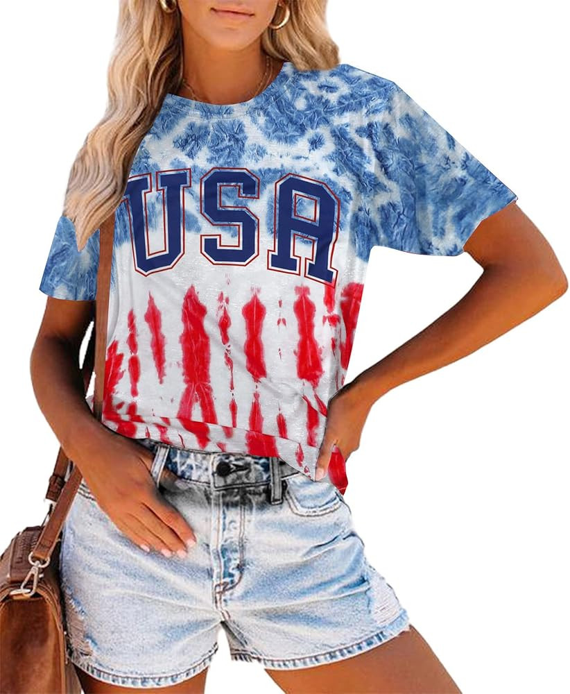 USA Shirt Women 4th of July T-Shirt Patriotic America Flag Top Casual Tie Dye Graphic Tee Tops | Amazon (US)